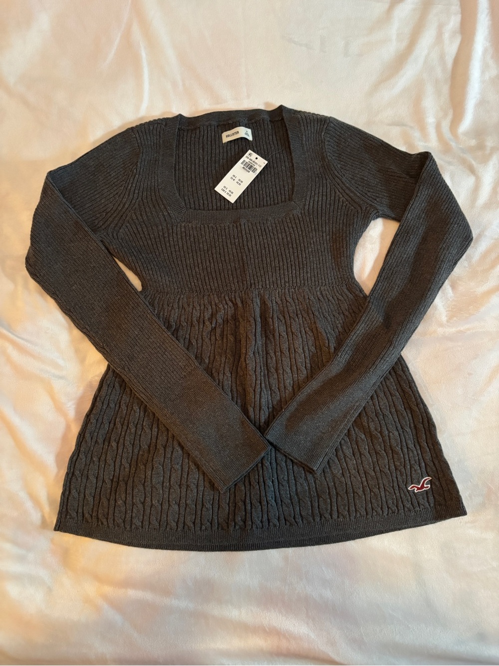 Hollister Women's Charcoal Cable-Knit Square Neck Babydoll Sweater